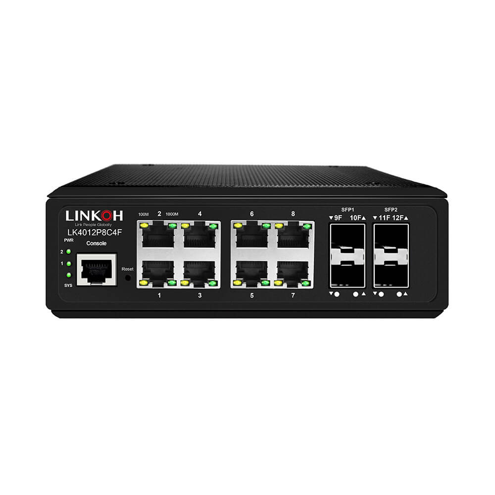 Industrial 12 Ports Ethernet Switch Managed with 8-Port Gigabit RJ45 + 4- Port Gigabit SFP - LINKOH